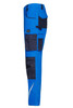 Workwear pants in vibrant blue with multiple pockets and navy accents, featuring a logo on the side.