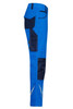 Workwear pants in bright blue with navy detailing, featuring multiple pockets and reflective strips.