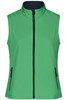 A vibrant green ladies softshell vest with a high collar and zippered pockets, featuring a logo on it.