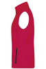 A red ladies softshell vest featuring a high collar and a side zip pocket, with a logo displayed.
