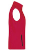 A red ladies softshell vest featuring a sleeveless design and a side zip pocket. It has a logo on it.