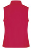 A red ladies softshell vest featuring a collar and no sleeves, with a branding logo on the back.