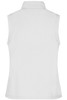 A white ladies' softshell vest featuring a collared neck and no sleeves, with a logo on the back.
