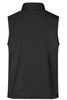 A black men's softshell vest featuring a collar and a plain design with a logo on the back.