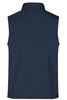 A navy men's softshell vest with a high collar, featuring a logo on the back.