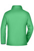 A green softshell jacket with a high collar and long sleeves, featuring a logo on the back.