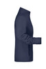 A navy softshell jacket for ladies, featuring a high collar and zippered pockets, with a logo on the side.