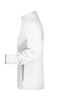 A white softshell jacket featuring a high collar and a zippered side pocket, with a logo on it.