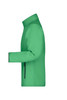 A green softshell jacket with a side view, featuring a collar and zippered pockets, and a logo on the design.