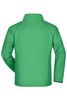 A green softshell jacket with a high collar and long sleeves, featuring a logo on the back.
