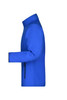 A blue softshell jacket with a side view, featuring a zippered front and a logo on the sleeve.