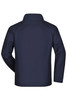 A navy softshell jacket with a high collar and long sleeves, featuring a logo on the back.