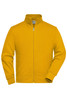 A yellow workwear sweat jacket with a zippered front and side pockets, featuring a collar and a branded logo.