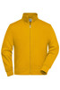 A yellow workwear sweat jacket with a zip front and side pockets, featuring a collar and a logo.