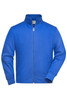A royal blue workwear sweat jacket with a full zip and two side pockets, featuring a collar and branding.