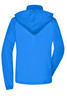 A blue ladies rain jacket with a hood, featuring a logo on the back.
