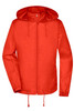 A red rain jacket with a hood, featuring a zip front and drawstrings at the hem and cuffs. It has a logo.