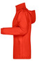 A red rain jacket featuring a hood and a side pocket. It has a branded logo on the surface.