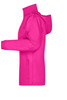 A pink rain jacket featuring a hood and side pockets, with branding on the fabric.