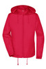 A red rain jacket with a hood, featuring a front zipper and adjustable drawstring at the hem. It includes a logo.