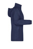 A navy rain jacket with a hood, featuring a side view and a logo on the front.