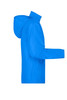 A blue men's promotional jacket featuring a hood and long sleeves, with a logo on it.