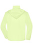 A men's promotional jacket in bright yellow with a hood and elastic cuffs, featuring a logo.