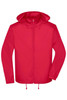 A red men's jacket with a hood, featuring a full zip front and adjustable drawstring at the hem.