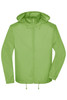 A green men's promo jacket with a hood, featuring a front zip and adjustable drawstring hem. It has a logo displayed.