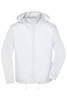 A white men's promo jacket with a hood and adjustable drawstring at the bottom. It features a zipper and elasticised cuffs.
