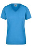 A blue v-neck ladies workwear t-shirt with short sleeves and a plain design. It has a branding logo on the label.