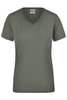 A green women's workwear t-shirt with a v-neck and short sleeves, featuring a brand logo.