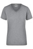 A grey v-neck t-shirt designed for ladies, featuring short sleeves and a simple design. It includes a logo.