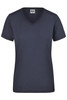 A navy blue ladies' workwear t-shirt with a v-neck and short sleeves, featuring a logo on the label.