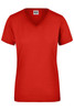 A red ladies workwear t-shirt with a v-neck and short sleeves, featuring a logo on the label.