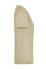 A light khaki ladies workwear t-shirt with a fitted design and short sleeves, featuring a logo on the fabric.