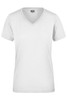 A white ladies' workwear T-shirt with a V-neck and short sleeves, featuring a logo.