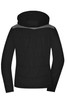 A ladies' black puffer jacket featuring a hood and grey accent along the shoulders, with a branded logo.