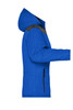 A blue puffer jacket with a hood, featuring black accents and side pockets. It has a branding logo on it.