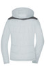 A puffer jacket in light grey with a hood and textured detailing on the shoulders, featuring an unspecified logo.