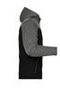 A men's puffer jacket featuring a grey hood and sleeves with a black body, designed for winter wear.