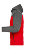 A men's winter jacket featuring a red body and grey sleeves, with a hood and a side zip pocket. It has a logo present.