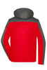 A red puffer jacket with a grey hood and shoulder detailing, featuring a quilted texture and long sleeves.