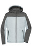 A men's winter puffer jacket in light blue and grey, featuring a hood and zipped pockets. Contains a logo.