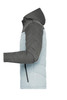 A men's winter puffer jacket featuring a grey hood and sleeves with a light blue body. It has a logo on the sleeve.
