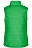 A green padded vest with a high collar and horizontal quilted design, featuring a logo on the back.