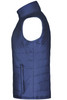 A navy padded vest with a high collar and a side zip pocket. It features a sleeveless design.