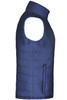 A navy padded vest with a zip pocket, featuring a sleeveless design and a high collar. It has a branding logo.