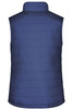 A navy padded vest with a high collar and a quilted design, featuring a logo on the back.