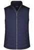 A navy padded vest with a collar and a front zip. Features a logo on the upper left side.
